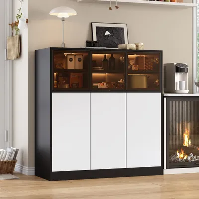 Produktbild von Moderner Sideboard mit Beleuchtung, ideal für Wohnzimmer, Küche und Esszimmer, mit 3 Glastüren und 3 weißen Türen, 100 x 40 x 105 cm