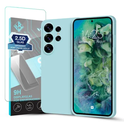 Produktbild von Hülle für Samsung Galaxy S25 Ultra mit 9H Displayglas Displayschutz Case Cover Bumper Smartphone Softgrip Schutzhülle Farbe: Hellblau
