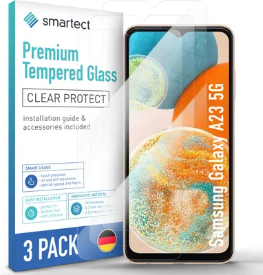The image shows the packaging of a 3-pack of screen protectors for a Samsung Galaxy A23 5G phone.