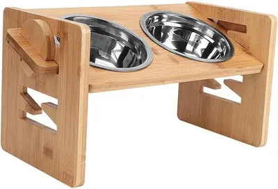 Immagine prodotto di Ciotola regolabile per animali domestici - Ciotola regolabile - Per cani/gatti - Ciotola per gatti - Ciotola per cani - Con base in legno - Sopraelevata
