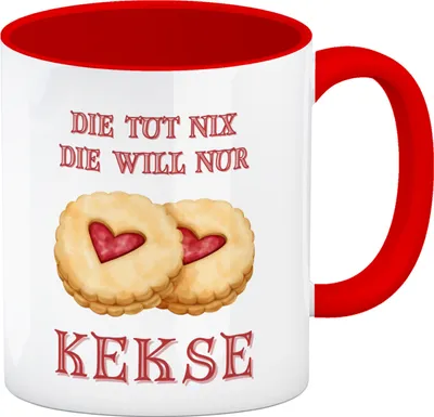 Produktbild von Kekse Kaffeebecher in rot mit Spruch Die tut nix die will nur Kekse