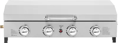 A silver gas griddle with a lid and four control knobs is shown from the front.