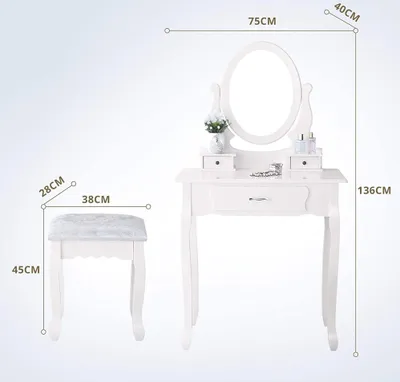 A white vanity table and stool with dimensions indicated by measurement lines and text.