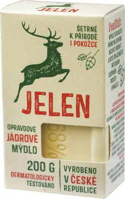 A product box for JELEN soap, showing the brand logo, product name, and some descriptive text.