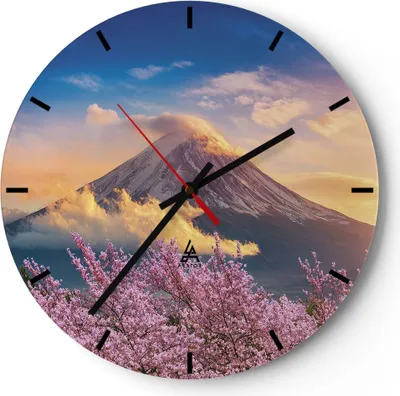 Produktbild von Wanduhr - Rund - Glasuhr - Fuji Blume Kirsche - 30x30cm - Schleichendes Uhrwerk - Lautlos - zum Aufhängen bereit - Dekoration Modern - Wanddekoration aus Glas - C3AR30x30-4490