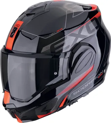 A black and red Scorpion EXO Tech Evo Traveller motorcycle helmet shown from the side.