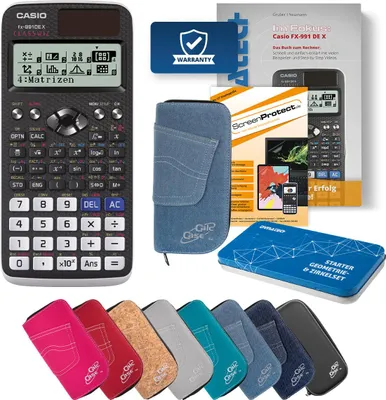 Produktbild von Casio FX-991 DE X Taschenrechner mit Tasche hellblau, Folie, Fachbuch und Zirkel Set