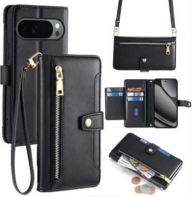 Zdjęcie produktu dla Łańcuszek na telefon komórkowy do etui Google Pixel 10 Pro XL z paskiem etui na telefon komórkowy kieszenie na karty torba na ramię ze skórypoliuretan w kolorze czarnym