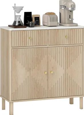 Image de HOMCOM Buffet salon avec plateau effet marbre, meuble de rangement cannelé avec 2 tiroirs, 2 portes et étagère réglable, style moderne, buffet salle à manger et cuisine, 77 x 30 x 80 cm, chêne