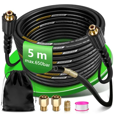 Produktbild von Rohrreinigungsschlauch 5m mit 2 Kärcher Adapter, 400 Bar, 4-Schichten-System, Hochdruckreiniger-Schlauch Hochdruckschlauch mit M22 AG Messing-Adaptern