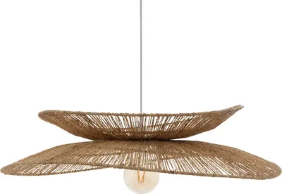 A hanging lamp with a woven shade is shown against a white background.