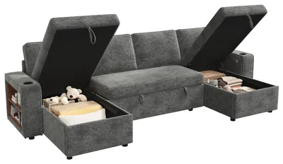 Produktbild von Merax U-Form Ecksofa, ausziehbares Schlafsofa Mit Schlaffunktion, Sofa Mit Stauraum, USB Und Type-C, Becherhalter, Chenille Soffa, Grau
