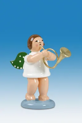 Zdjęcie produktu dla Drewniana figurka anioła z rógkiem bez korony, wysokość 6 cm, NOWA
