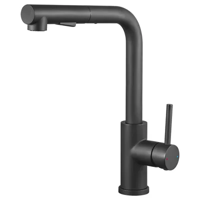 A black kitchen faucet with a pull-out spray head is shown against a white background.