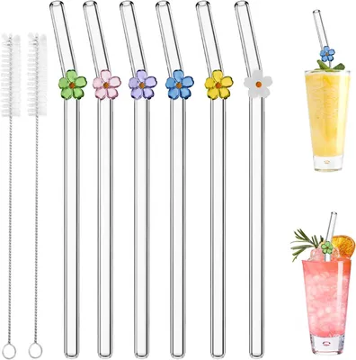 Image de Pailles en verre - Lot de 6 - Pailles en verre réutilisables - Pailles en verre courbées avec des brosses de nettoyage pour les jus, les cocktails et les smoothies