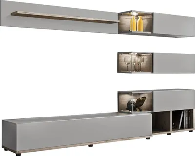Produktbild von Wohnzimmerwand BOHI – Perlgrau / Wellington Eiche