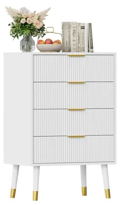 Immagine prodotto di Comodà - Comodà alta a 4 cassetti - In legno - Stile minimalista moderno - Maniglie dorate - Compatta - Per camera da letto/corridoio/soggiorno - Bianca