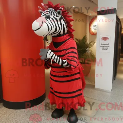 Produktbild von Rotes REDBROKOLY Zebra-Maskottchen-Kostüm bekleidet mit Kleid und Schalnadeln