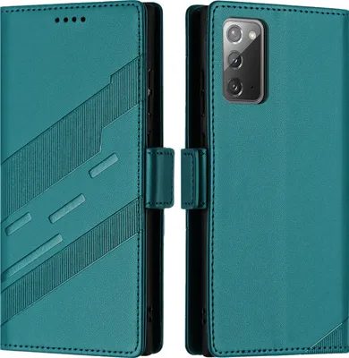 A teal-colored phone case with a geometric design is shown open, displaying the inside and the phone it protects.