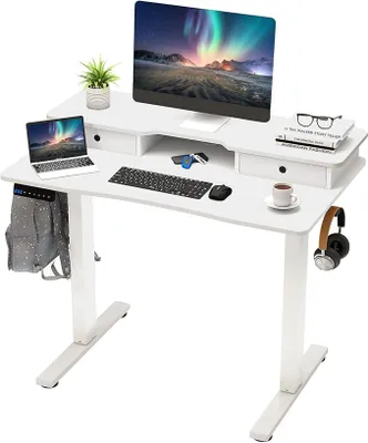Produktbild von Höhenverstellbarer Schreibtisch, 100 x 60 cm, Elektrischer Stehtisch mit Monitorständer, Schubladen, Ablagen & 2 Haken, Computertisch für Zuhause & Büro (Weiß)