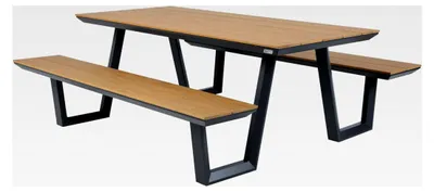 Produktbild von Nori Picknicktisch in Teakholzoptik und Anthrazit für 6 Personen | Picknicktisch mit Bänken aus Aluminium und Polywood | Set für den Garten | 200 x 190 cm