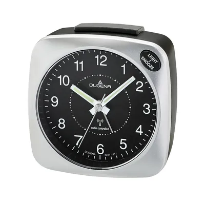 Obrázok produktu pre Rádiom riadený budík DUGENA 4460606, rádiový signál pre SEČ/ SEČ, s budíkom, opakovačom budíka, LED osvetlenie ciferníka, rozmery 8 x 8 x 4,1 cm