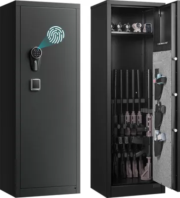 Obrázok produktu pre Zbraňová skriňa – trezor na dlhé zbrane – rýchly prístup – uzamknutie pomocou odtlačku prsta a PIN kódu – 3 priehradky na pištole – nastaviteľné držiaky – čierna farba