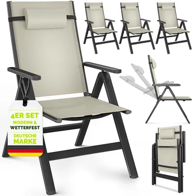 Produktbild von tillvex Gartenstuhl Premium 4 Stück Beige klappbar aus Aluminium | Hochlehner mit Armlehnen | Klappstuhl verstellbar | Klappsessel Balkon Garten Terrasse