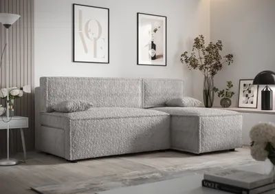 Produktbild von Ecksofa Alvito, Farbe: Hellgrau. Material: Bouclé. A: B: 212 cm,H: 85 cm, T: 105 cm, Eckcouch, Schlafcouch, Sofa bed, Schlafsofa