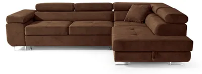 Zdjęcie produktu dla Narożnik LUCA – Sofa L-kształtna z Funkcją Spania i Pojemnikiem, Welur Hydrofobowy, Ciemnobrązowy , prawy