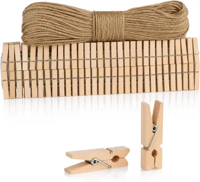Imagen del producto de Mini grapas de madera con 50 metros de cuerda de yute, 120 unidades, para fotos y decoración