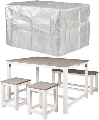 A white outdoor furniture set including a table, two stools, and two benches, covered by a white protective cover.