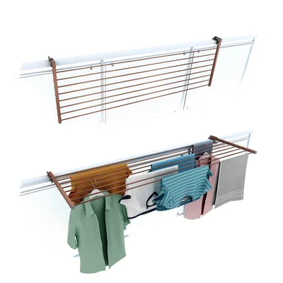 Two views of a wall-mounted drying rack, one empty and one with clothes.