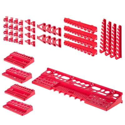 A collection of red tool organizers and holders arranged on a white background.