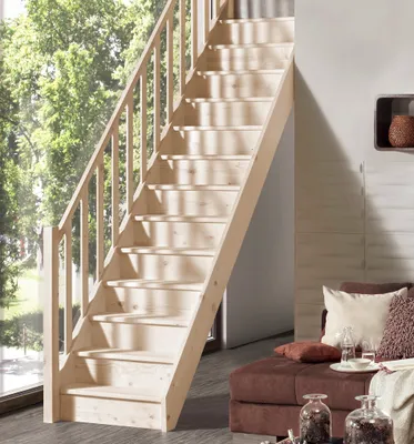 Produktbild von Holztreppe Intercon Casablanca | Fichte | gerader Verlauf | 60 cm Breite | einseitiges Geländer | mit Setzstufen