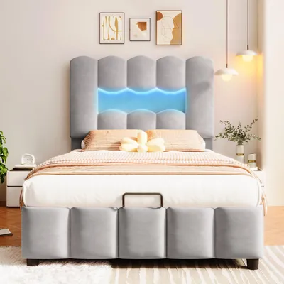 Produktbild von Polsterbett mit LED-Beleuchtung, Lattenrost und Stauraum, 90x200cm, Kopfteil höhenverstellbar, Einzelbett, Samt