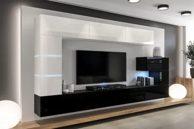 Produktbild von Furnitech Wohnwand Wohnzimmer - Wohnzimmer Möbel mit LED RGB - 16 Farben - Hängend Wohnwand Modern - Wohnzimmer Schrankwand mit Regale und TV