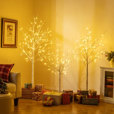 Imagen del producto de COSTWAY, juego de 3 árboles de luces LED, árboles iluminados de 120/150/180 cm con luces blancas cálidas, árbol LED para interiores, ramas iluminadas, decoración navideña para el hogar