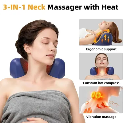 Produktbild von Elektrisches 3-in-1 Nackenmassagekissen mit Wärme, Vibration, 3 Temperaturstufen, 2000 mAh