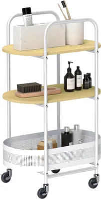 Image de Chariot de service - Chariot de cuisine - 3 niveaux - Avec roulettes - Rangement ouvert - Blanc et bois naturel