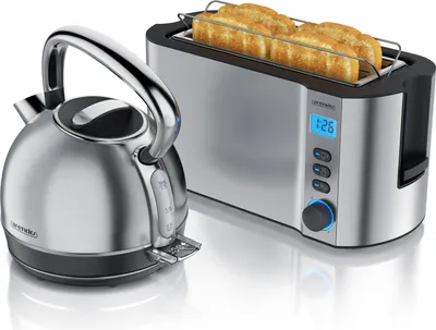 Produktbild von Arendo Frühstücks-Set Edelstahl, Wasserkocher mit Temperatureinstellung 1,7l, 4 Scheiben Langschlitztoaster, 4 Scheiben Toaster, Brötchenaufsatz, Vintage Wasserkocher, silber