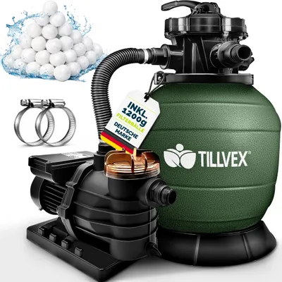 Immagine prodotto di tillvex® sistema di filtraggio a sabbia piscina verde 13.200L/h fino a 40.000L + sfere filtranti da 1200g | sistema di filtraggio valvola a 7 vie & adattatore 2in1 Ø32-38mm | filtro piscina autoadescante | filtro a sabbia piscina