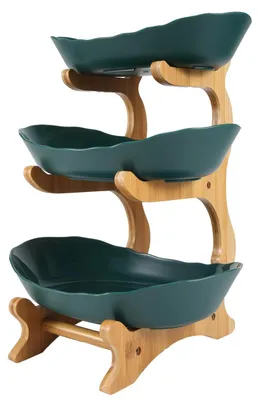 Image de Omgoods - Présentoir à fruits et à gâteaux en céramique et en bois, à trois niveaux