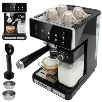 Zdjęcie produktu dla Ekspres do kawy ciśnieniowy kolbowy BERGMANN AB003 ze spieniaczem 20 bar Cold Brew 1350W pojemnik na mleko 500ml pojemnik na wodę 1,8l czarny