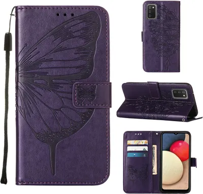 Obrázek produktu pro Galaxy A02S Pouzdro, Motýlí Reliéf Flip Kožené Pouzdro s Kapsami na Karty a Stojánkem pro Samsung Galaxy A02S Fialová