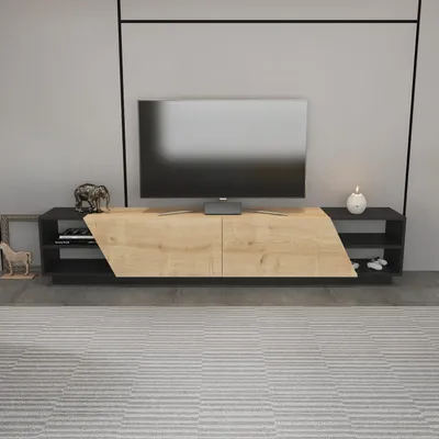 Immagine prodotto di Skye Decor, mobile TV moderno in antracite e rovere, 240 x 37,1 x 47,4 cm | Pannello truciolare rivestito al 100% in melamina, spessore 18 mm | Design elegante e funzionale per la tua casa.