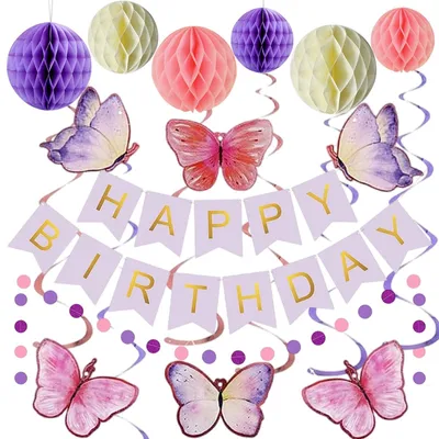 Immagine prodotto di Omgoods - Decorazioni per compleanno a tema "Farfalle viola" con striscione