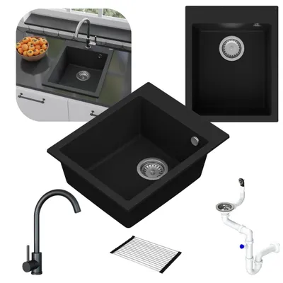 Produktbild von GRANMASTER Ivo Granitspülbecken Komplett-Set mit Schwarzer Edelstahl-Küchenarmatur, Automatischem Syphon und Rollmatte – 1-komorige Spüle kratzfest