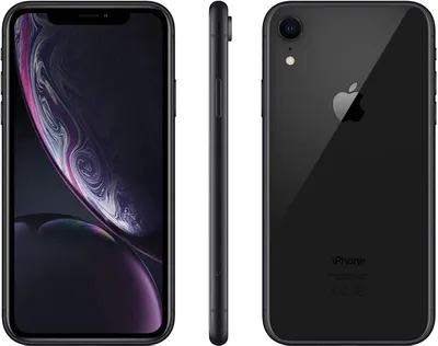 Three views of a black iPhone XR are shown: front, side, and back.