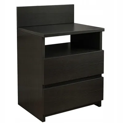 A black wooden nightstand with two drawers and an open shelf.